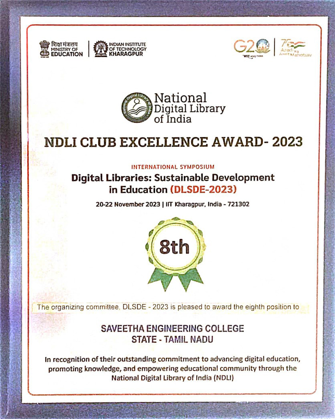 NDLI CLUB EXCELLENCE AWARD 2023 Certificate 1